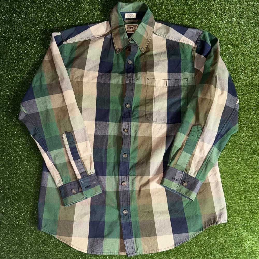 CE Schmidt Workwear Mens Medium Green Plaid Button Down Long Sleeve Shirt Cotton